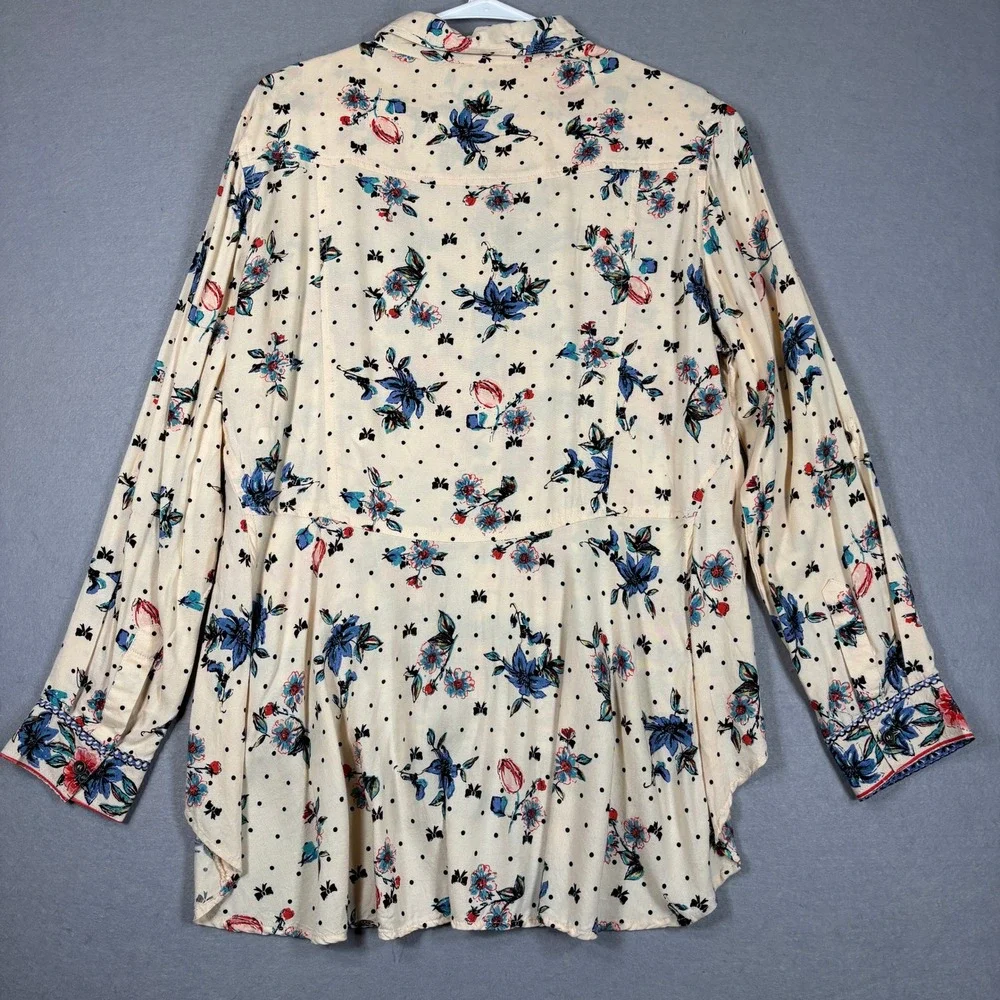 Lola P Womens Floral Polka‎ Dot Button Down Shirt Small High Low Boho Cottage